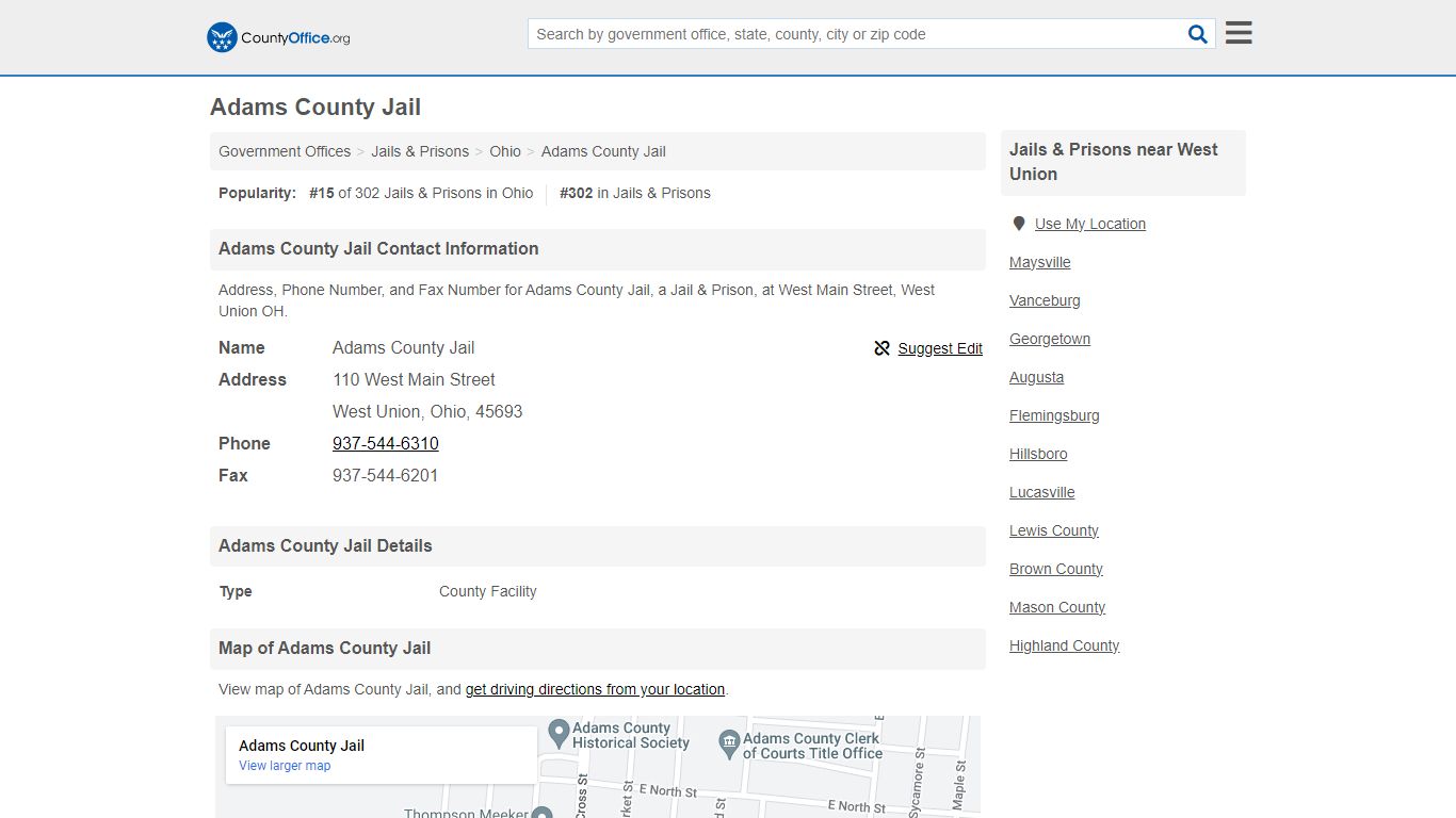 Adams County Jail - West Union, OH (Address, Phone, and Fax)